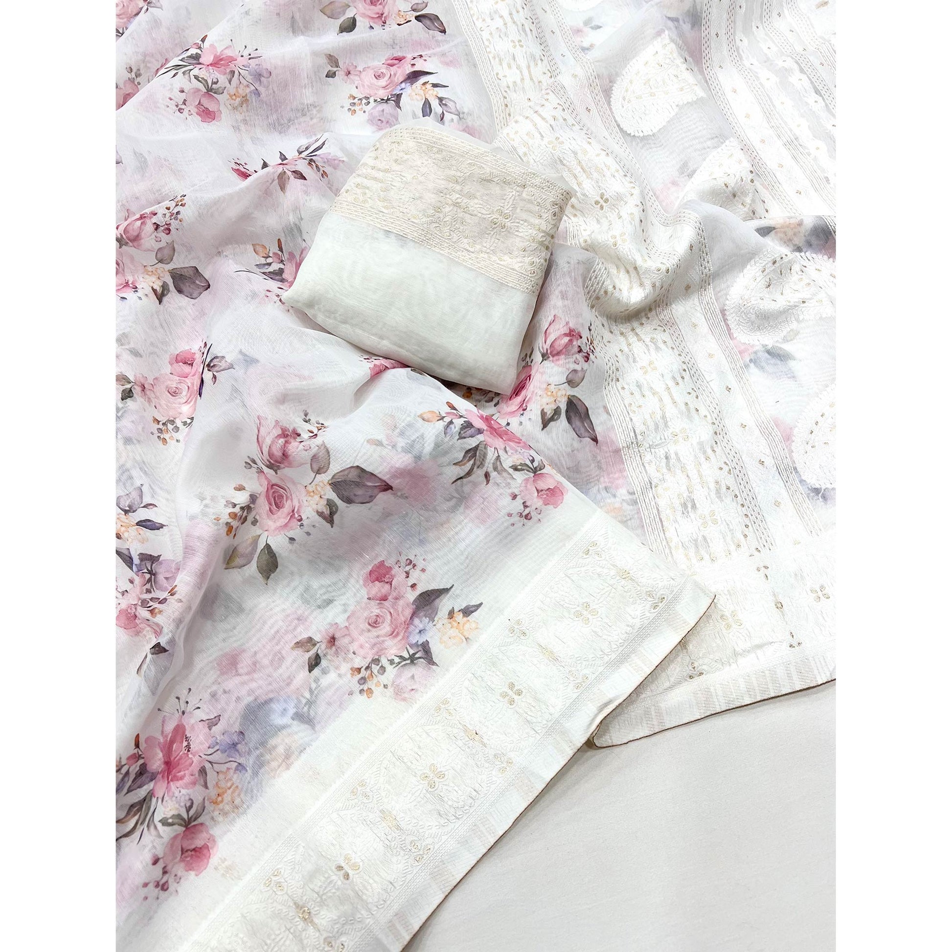 White Woven With Floral Digital Printed Cotton Blend Saree