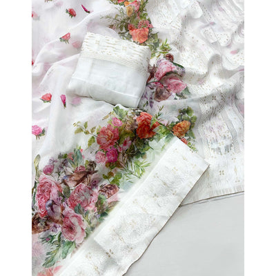 White Woven With Floral Digital Printed Cotton Blend Saree