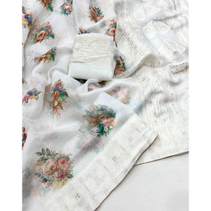 White Woven With Floral Digital Printed Cotton Blend Saree