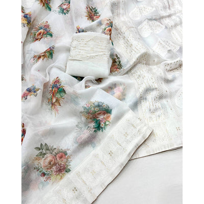White Woven With Floral Digital Printed Cotton Blend Saree