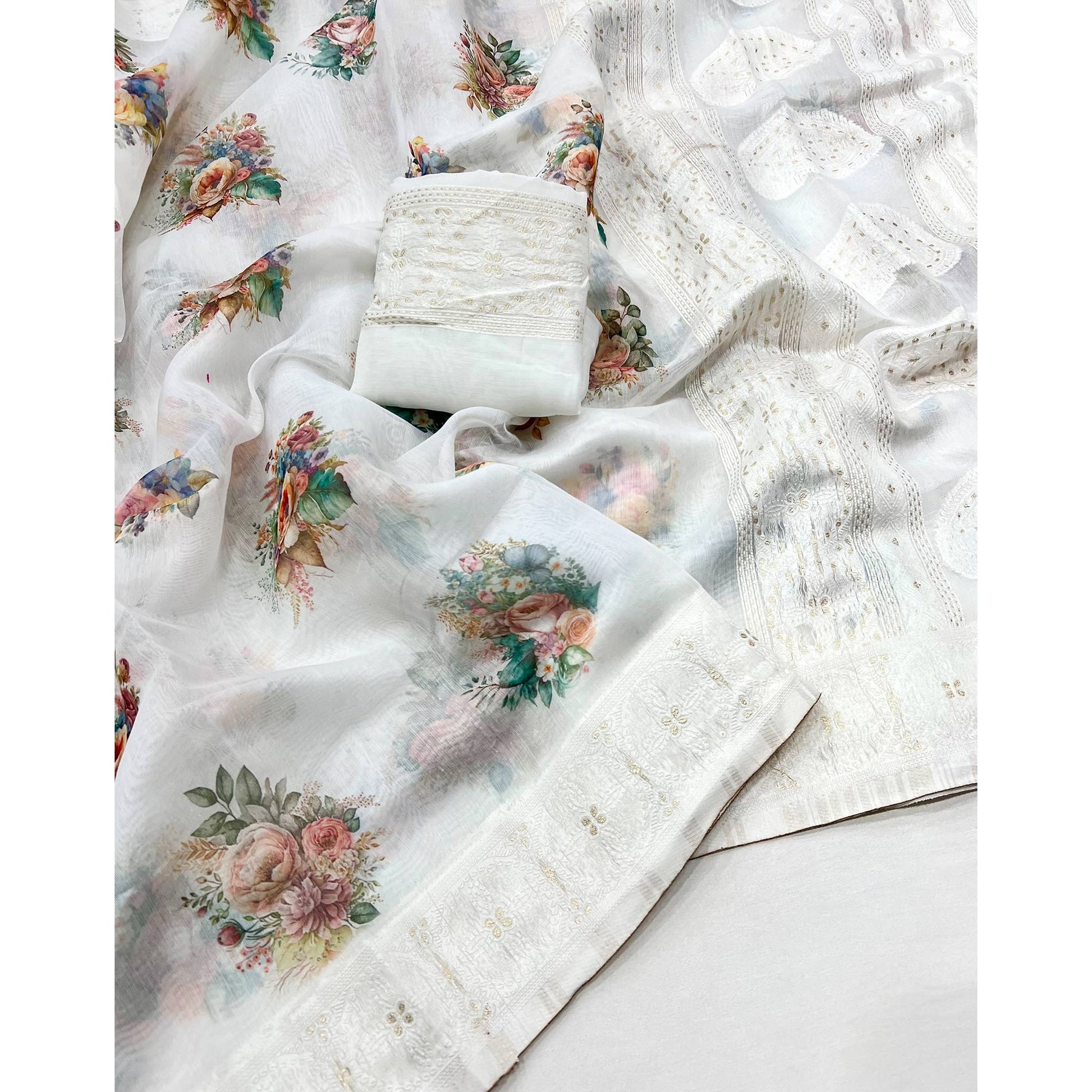 White Woven With Floral Digital Printed Cotton Blend Saree