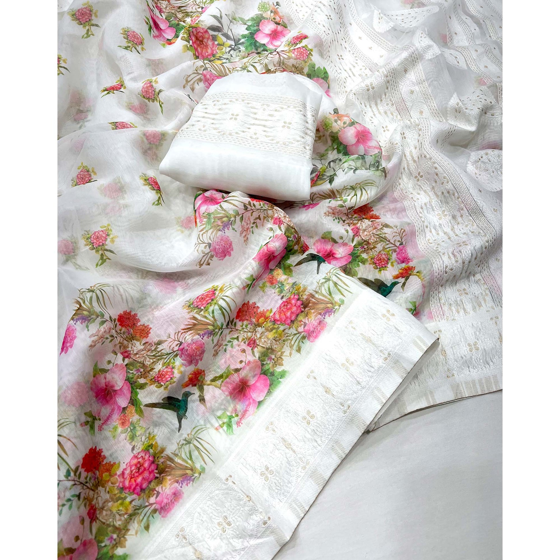 White Woven With Floral Digital Printed Cotton Blend Saree