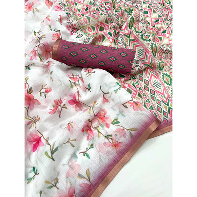 White & Pink Floral Digital Printed Linen Saree With Zari Border