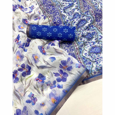 White & Blue Floral Digital Printed Linen Saree With Zari Border