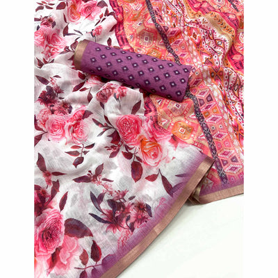 White & Pink Floral Digital Printed Linen Saree With Zari Border