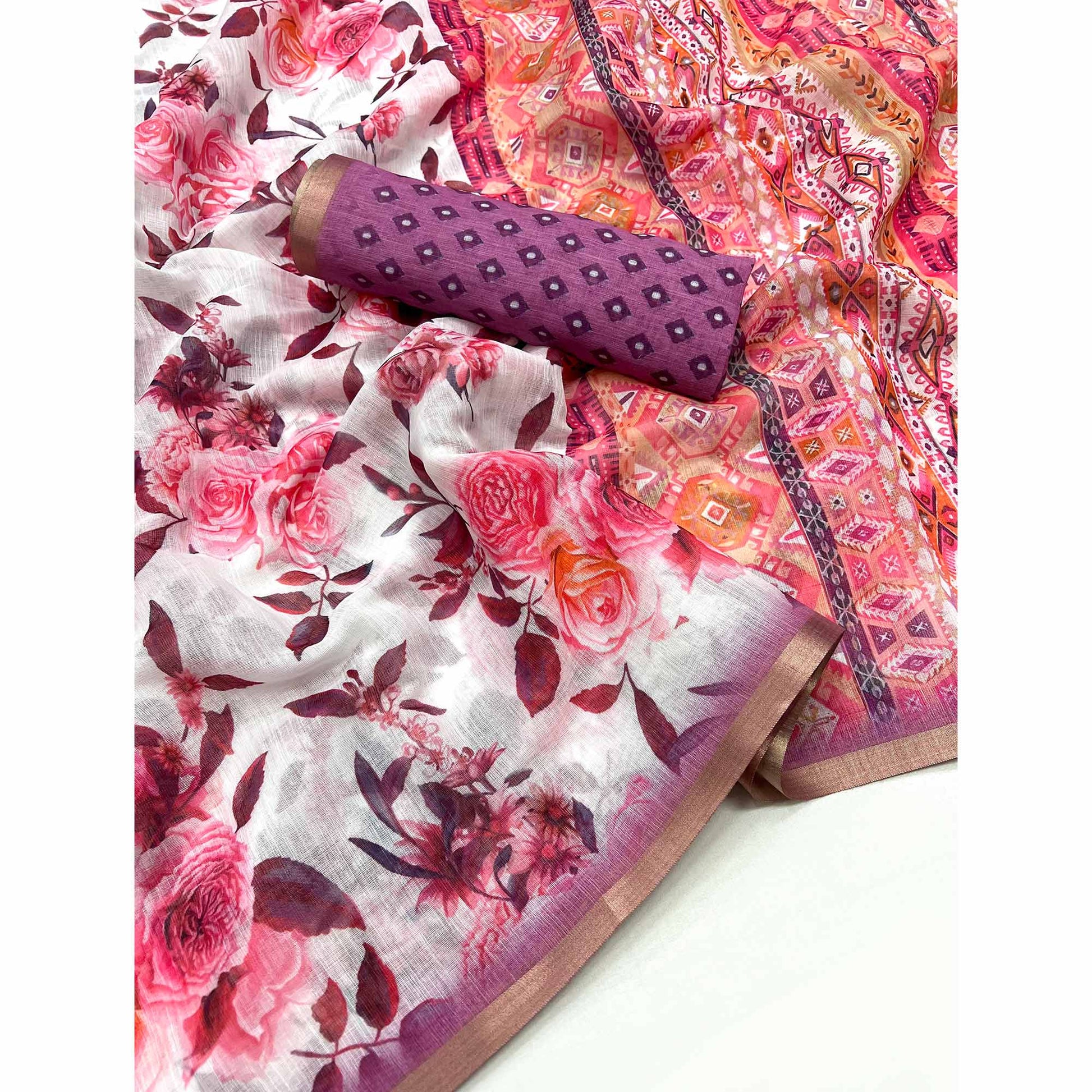 White & Pink Floral Digital Printed Linen Saree With Zari Border
