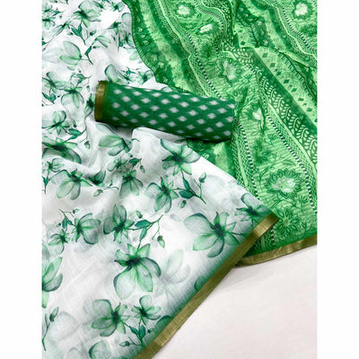 White & Green Floral Digital Printed Linen Saree With Zari Border