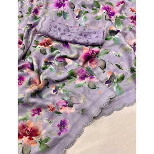 Light Purple Floral Digital Printed Georgette Saree With Stonework Border