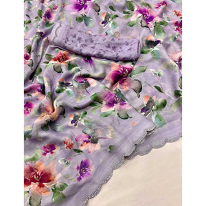 Light Purple Floral Digital Printed Georgette Saree With Stonework Border