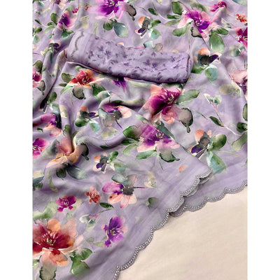 Light Purple Floral Digital Printed Georgette Saree With Stonework Border