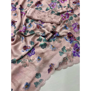 Dusty Peach Floral Digital Printed Georgette Saree With Stonework Border
