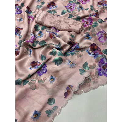 Dusty Peach Floral Digital Printed Georgette Saree With Stonework Border