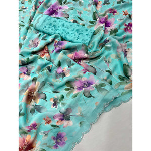 Turquoise Floral Digital Printed Georgette Saree With Stonework Border