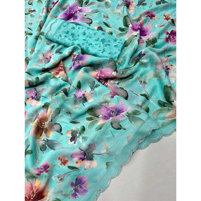 Turquoise Floral Digital Printed Georgette Saree With Stonework Border