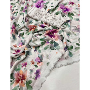 Offwhite Floral Digital Printed Georgette Saree With Stonework Border