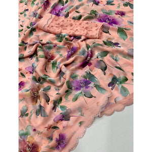 Peach Floral Digital Printed Georgette Saree With Stonework Border