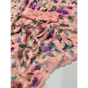 Peach Floral Digital Printed Georgette Saree With Stonework Border