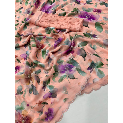 Peach Floral Digital Printed Georgette Saree With Stonework Border