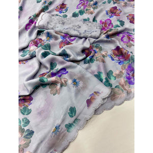 Greyish Blue Floral Digital Printed Georgette Saree With Stonework Border