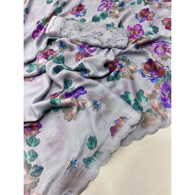 Greyish Blue Floral Digital Printed Georgette Saree With Stonework Border