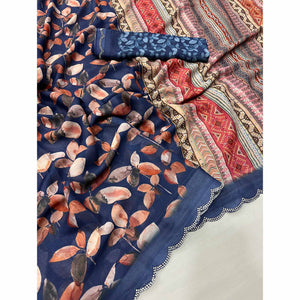 Navy Blue Floral Digital Printed Georgette Saree With Stonework Border