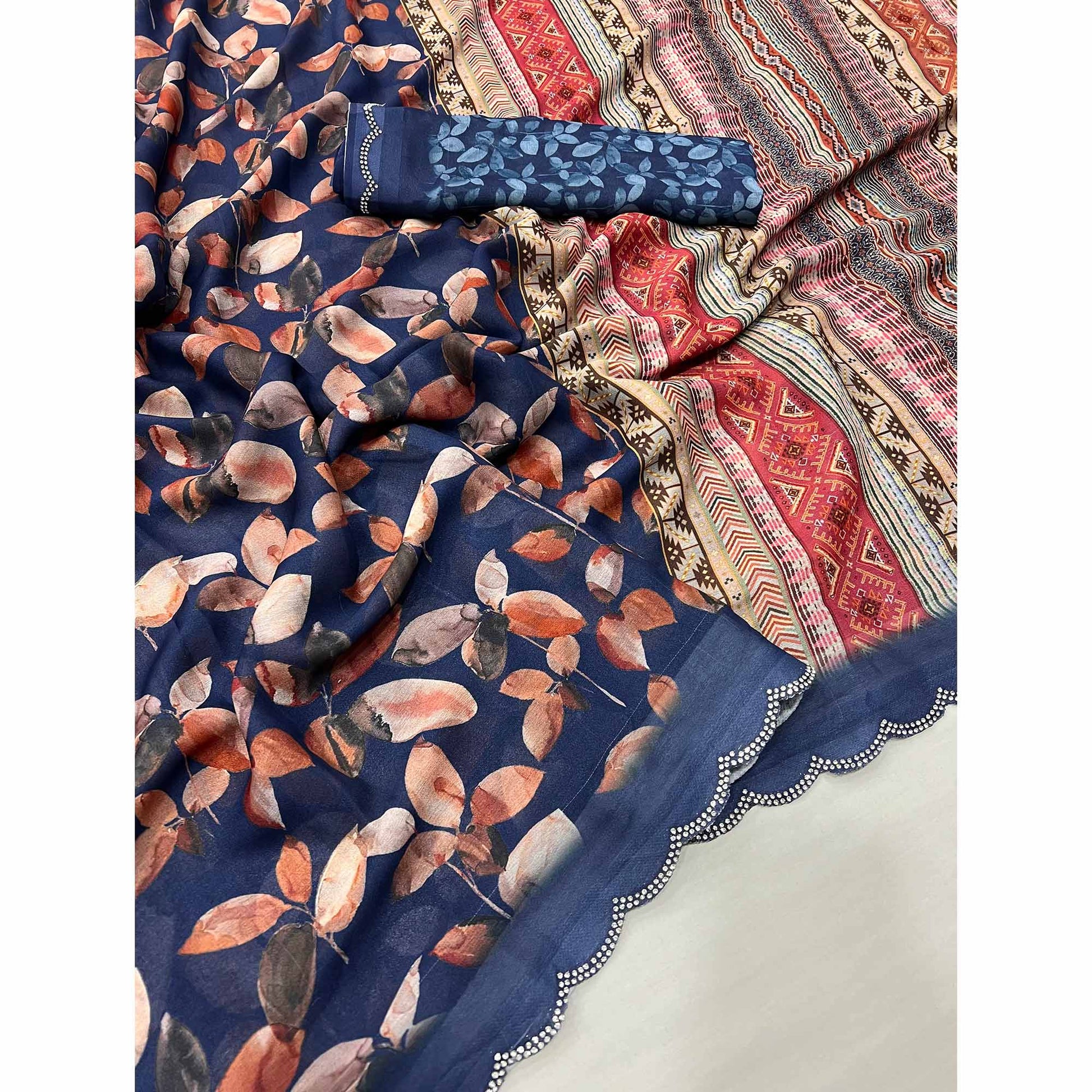 Navy Blue Floral Digital Printed Georgette Saree With Stonework Border
