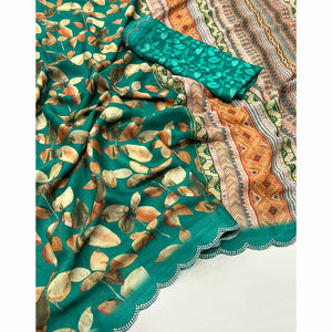 Rama Green Floral Digital Printed Georgette Saree With Stonework Border