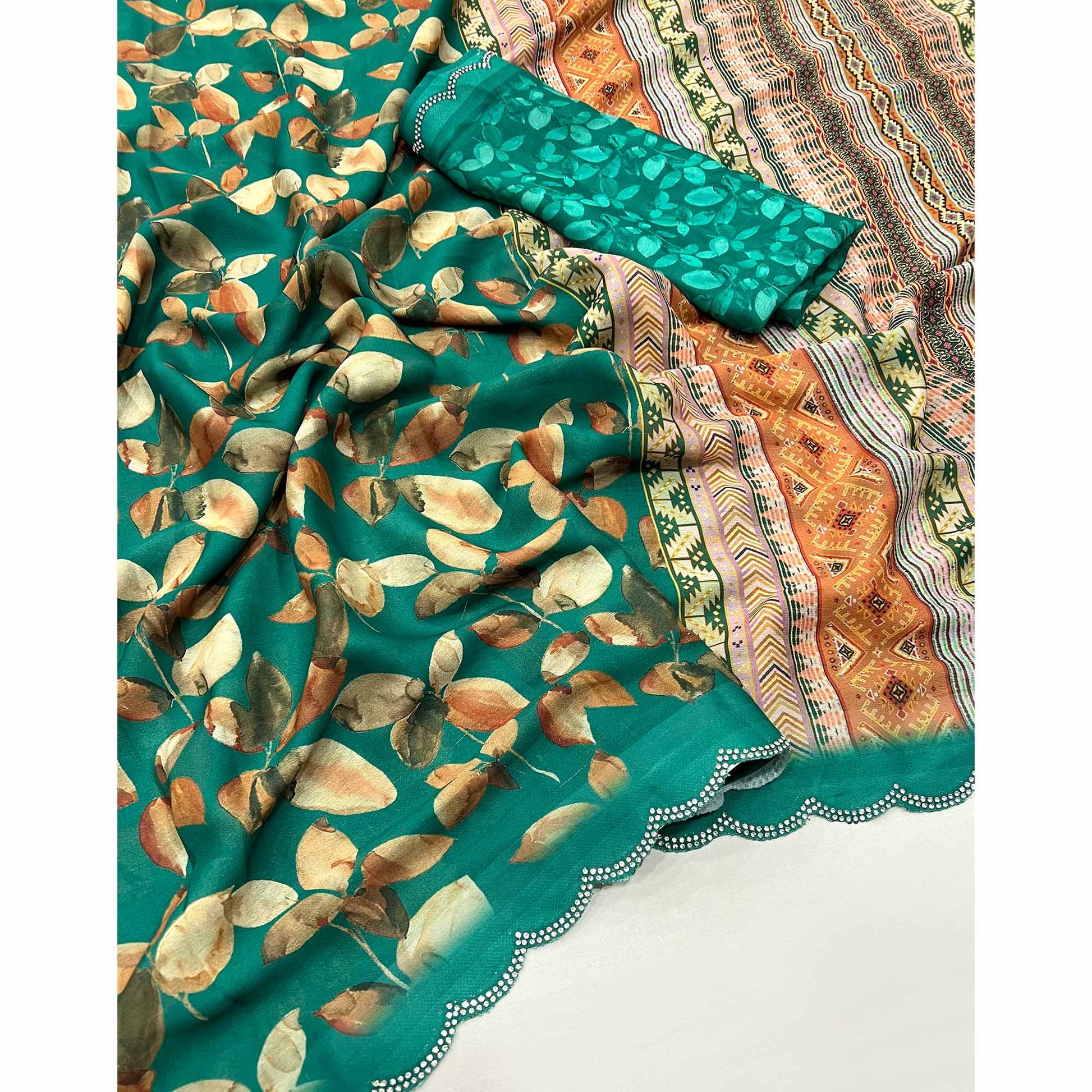 Rama Green Floral Digital Printed Georgette Saree With Stonework Border