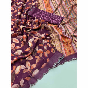 Wine Floral Digital Printed Georgette Saree With Stonework Border