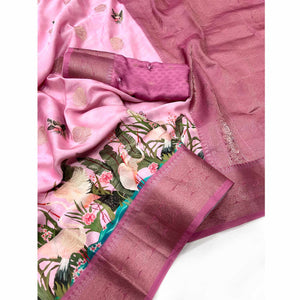 Pink Floral Woven With Digital Printed Satin Saree