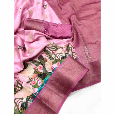 Pink Floral Woven With Digital Printed Satin Saree