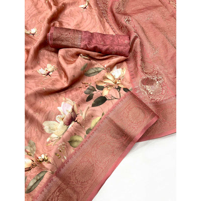 Peach Floral Woven With Digital Printed Satin Saree