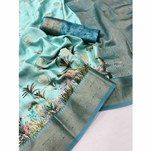 Turquoise Floral Woven With Digital Printed Satin Saree