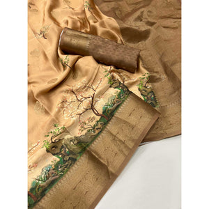Chikoo Floral Woven With Digital Printed Satin Saree
