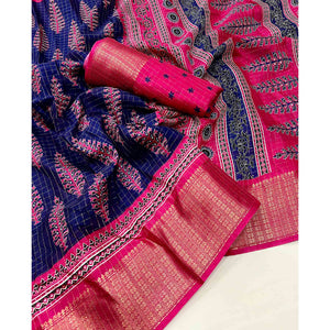 Navy Blue Zari Woven With Printed Dola Silk Saree