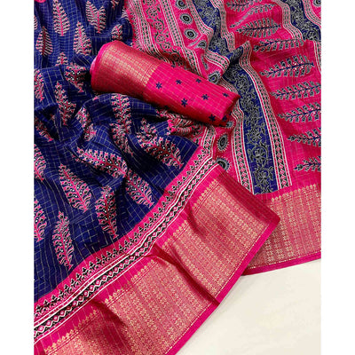 Navy Blue Zari Woven With Printed Dola Silk Saree