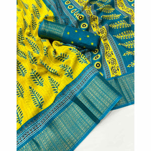 Lemon Yellow Zari Woven With Printed Dola Silk Saree