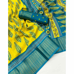 Lemon Yellow Zari Woven With Printed Dola Silk Saree