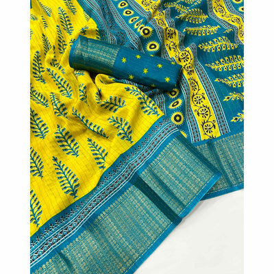 Lemon Yellow Zari Woven With Printed Dola Silk Saree