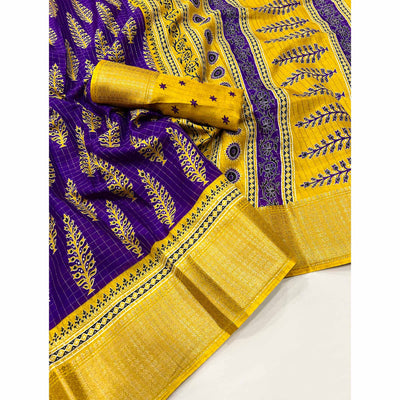 Purple Zari Woven With Printed Dola Silk Saree