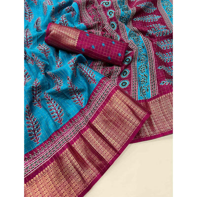 Blue Zari Woven With Printed Dola Silk Saree
