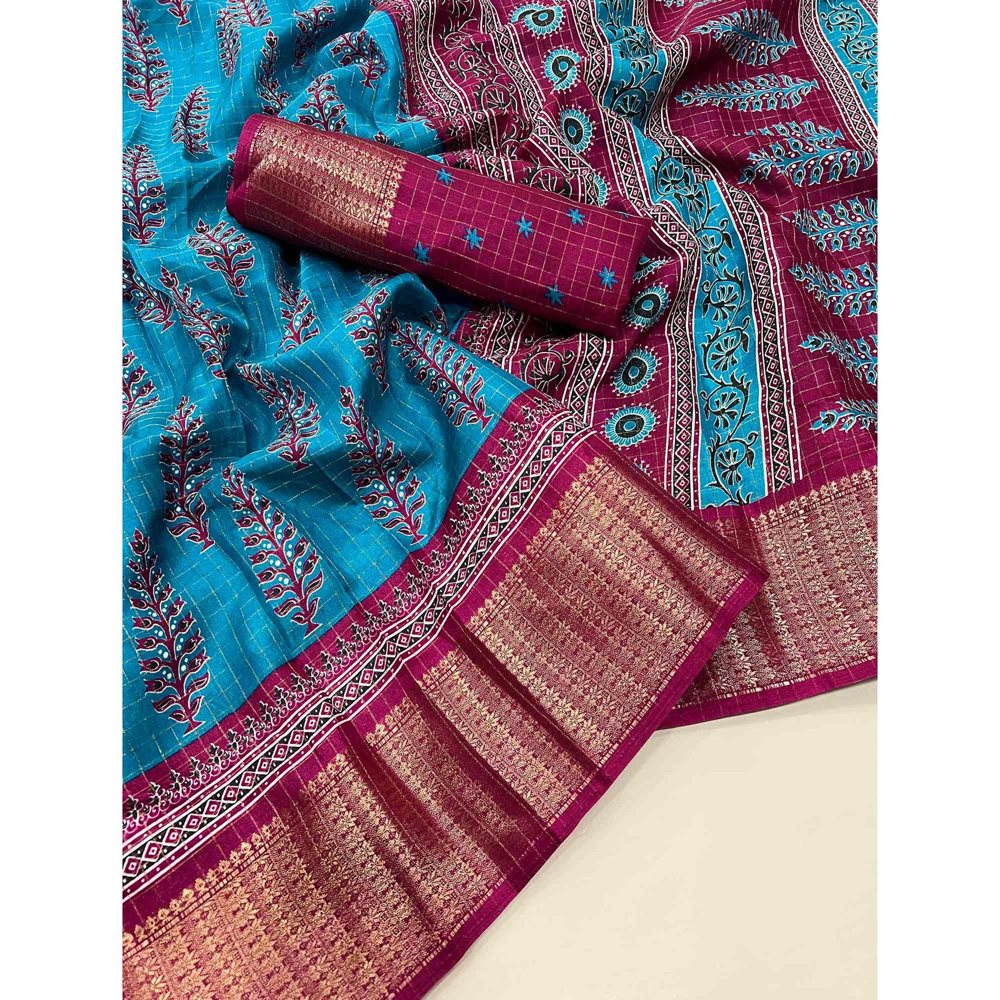 Blue Zari Woven With Printed Dola Silk Saree
