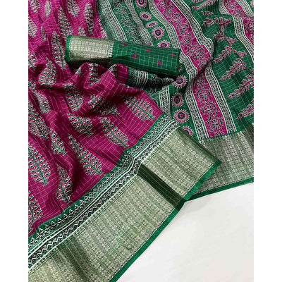Dark Magenta Zari Woven With Printed Dola Silk Saree