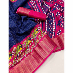 Navy Blue Zari Woven With Printed Dola Silk Saree