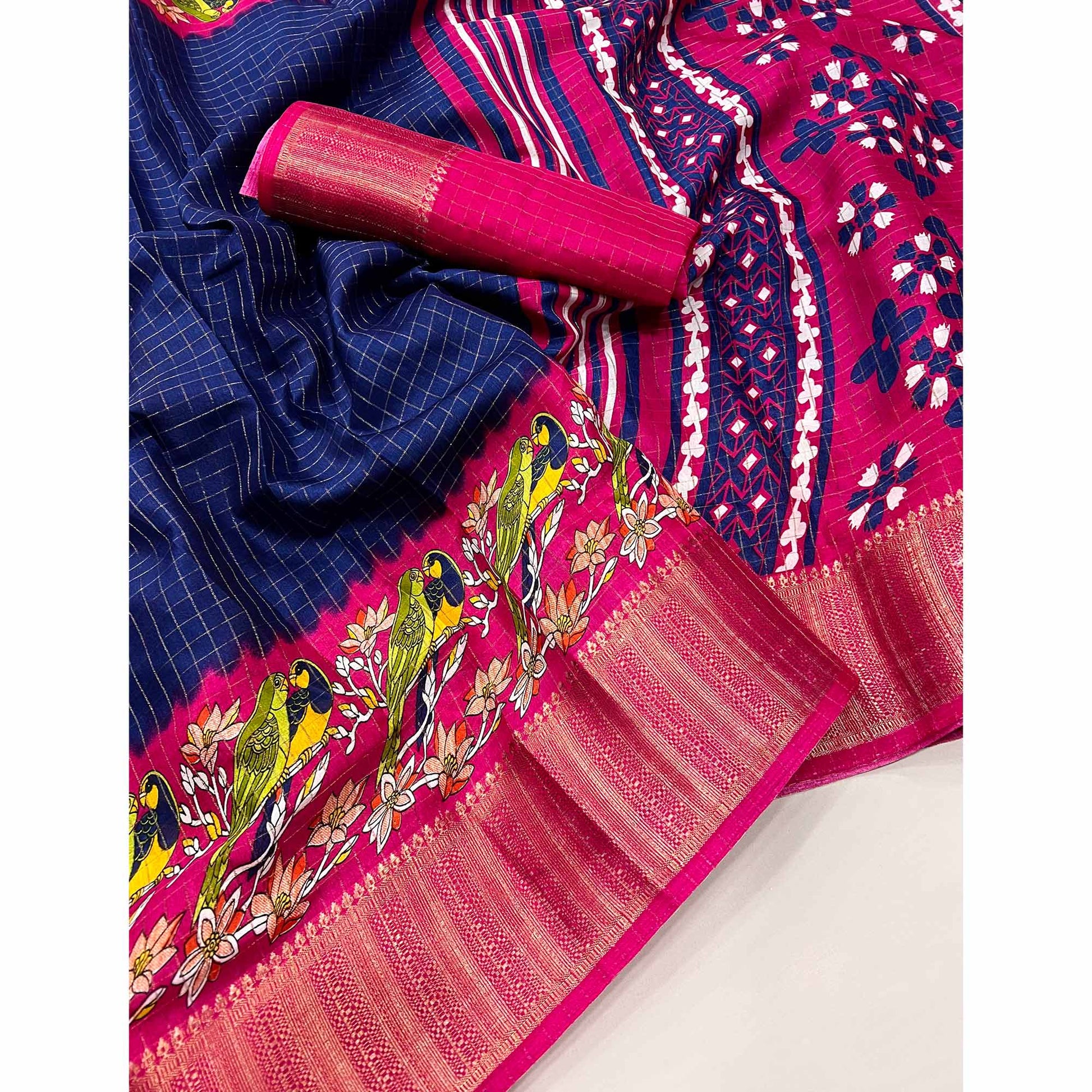 Navy Blue Zari Woven With Printed Dola Silk Saree