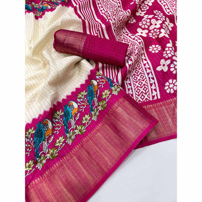 Offwhite Zari Woven With Printed Dola Silk Saree