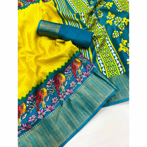 Lemon Yellow Zari Woven With Printed Dola Silk Saree