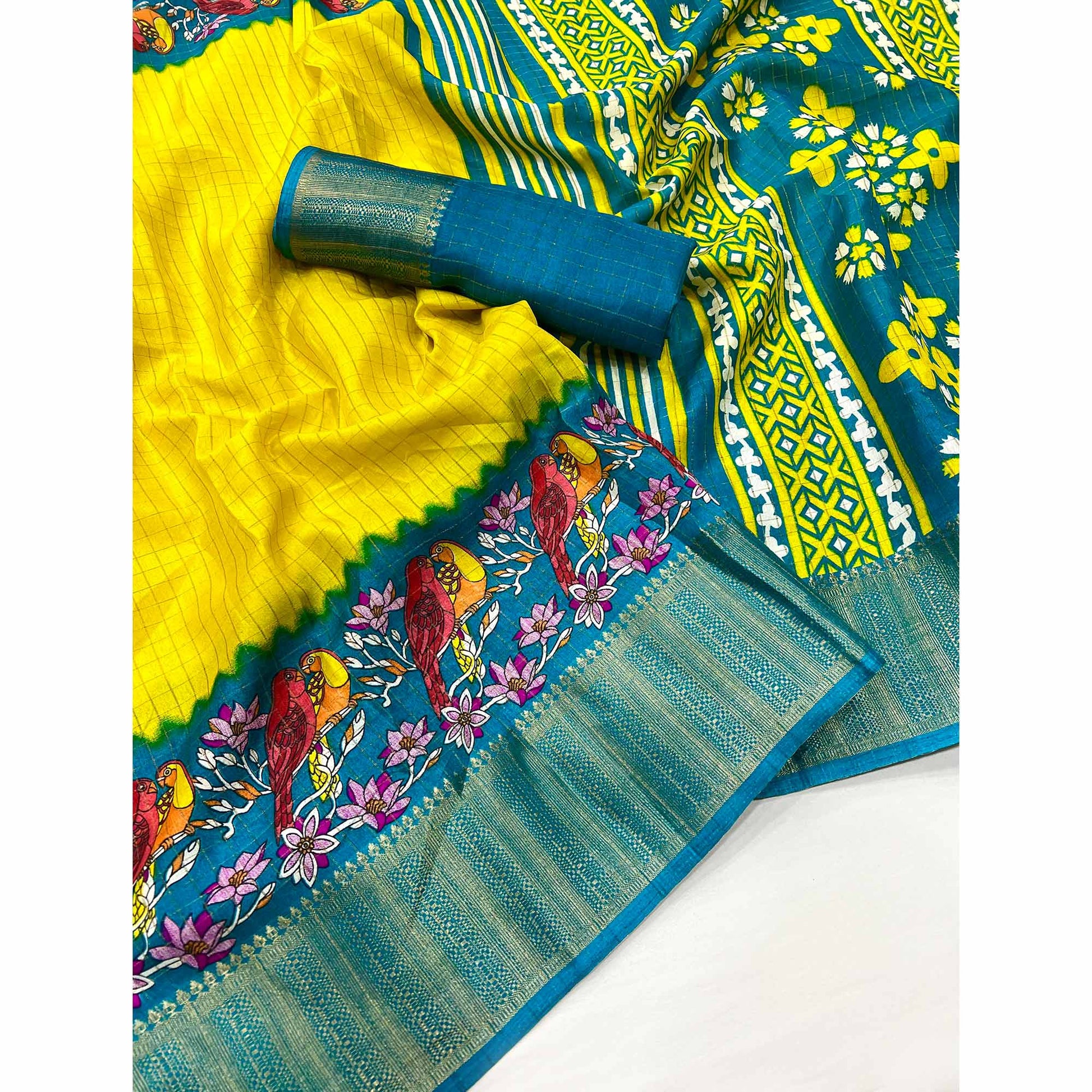 Lemon Yellow Zari Woven With Printed Dola Silk Saree