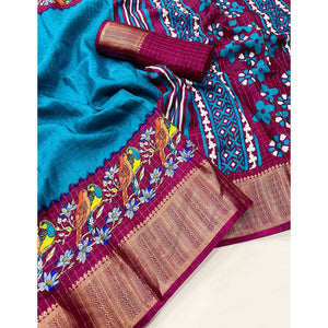 Blue Zari Woven With Printed Dola Silk Saree