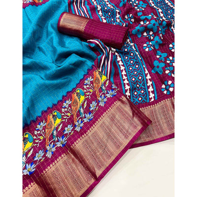 Blue Zari Woven With Printed Dola Silk Saree